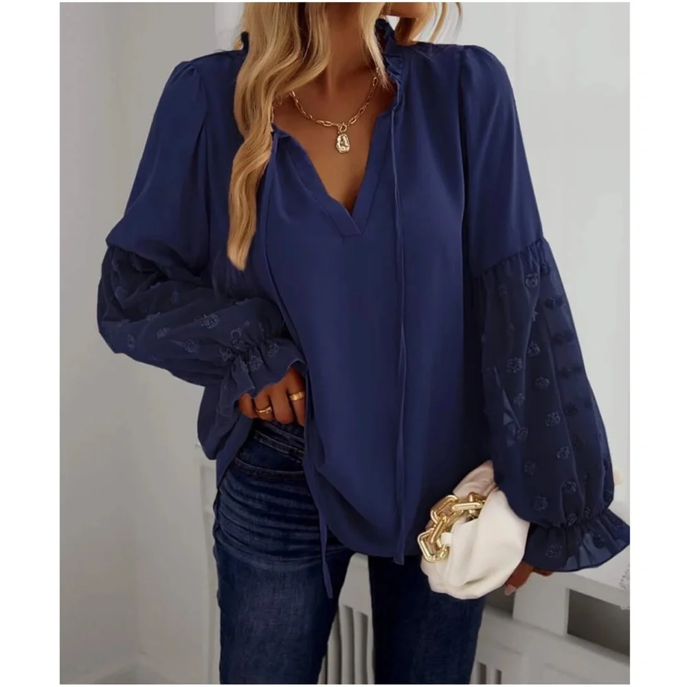 Boho Swiss Dot Sheer Sleeve Ruffle Blouse - Picture 13 of 14